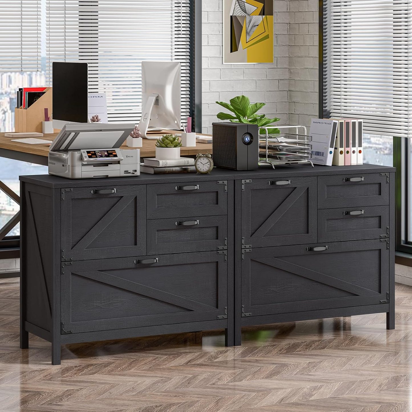 Wood Lateral File Cabinet with 4-Drawer for Hanging Files Letter/A4/Legal Size, Large Farmhouse Filing Cabinets for Home Office, Printer Stand with Office Cabinet, Office Furniture, Black