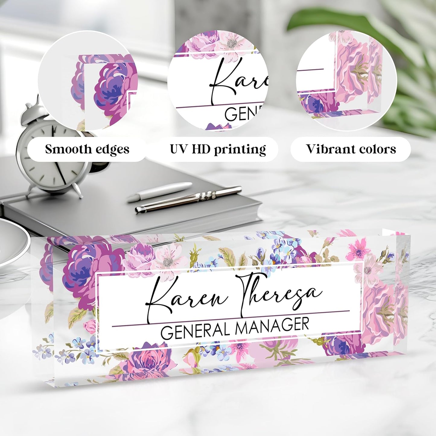 Custom Office Name Plate for Desk, Personalized Gifts for Women, Appreciation Gifts for Employee Coworkers Boss Teacher, Office Accessories (Hundred Flowers)