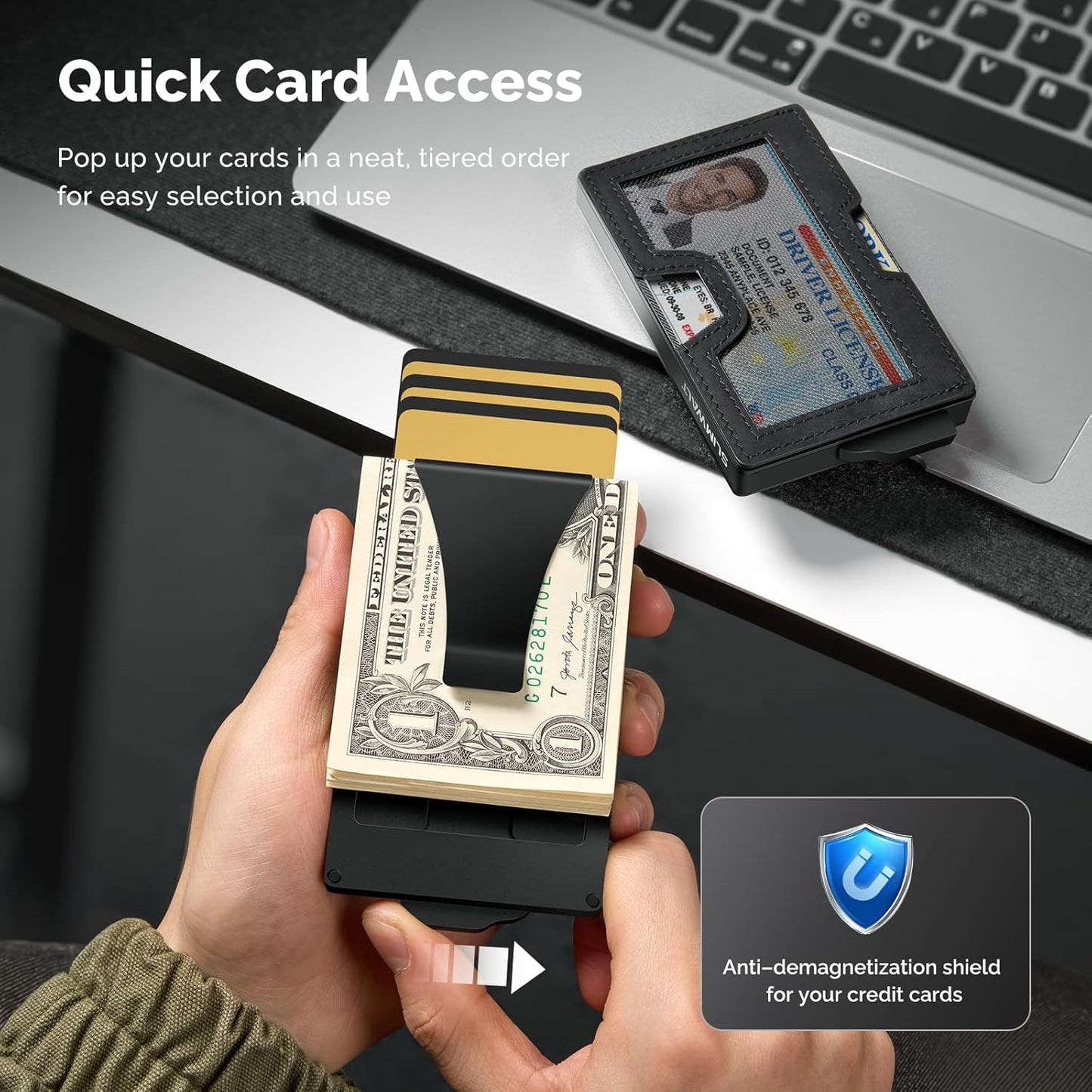 Wallet for Men with Money Clip and ID Window - Holds 20 Cards, RFID Blocking Card Holder Wallets with Smart Card Slot, Minimalist Mens Wallet, Metal Pop Up Wallet, Gifts for Men Black