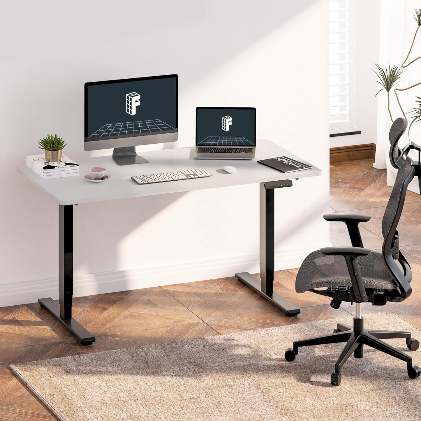 FLEXISPOT E6 Essential 3 Stages Dual Motor Electric Standing Desk 48x24 Inch Whole-Piece Board Height Adjustable Desk Electric Sit Stand Desk(Black Frame + White Desktop, 2 Packages)