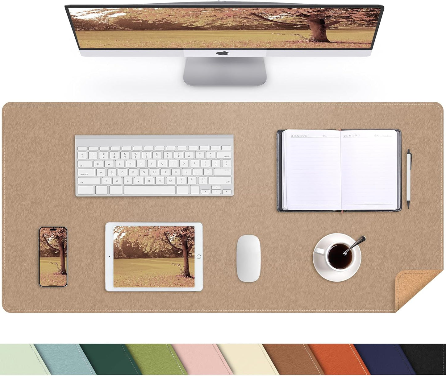 AFIING Leather Desk pad Protector, Large Desk mat with Natural Cork & PU Leather,Mouse pad,Non-Slip Office Desk Mat,Waterproof Desk Writing Pad for Office and Home (35.4in*17in,Dark Apricot)