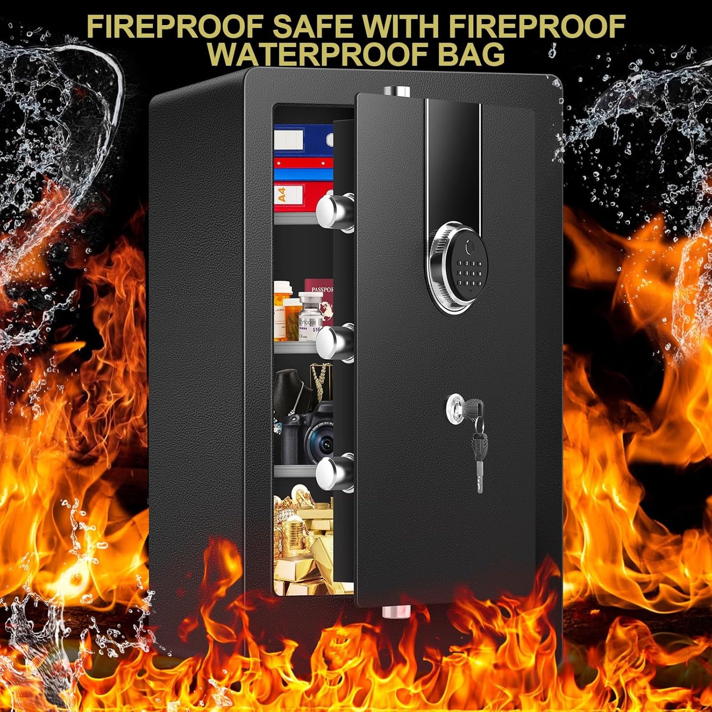 6.0 Cuft Biometric Safe Box with Fireproof Waterproof Bag, Fireproof Safe Large Document Storage Anti-Theft Dual Alerts, Mute Mode, Digital Security for Business