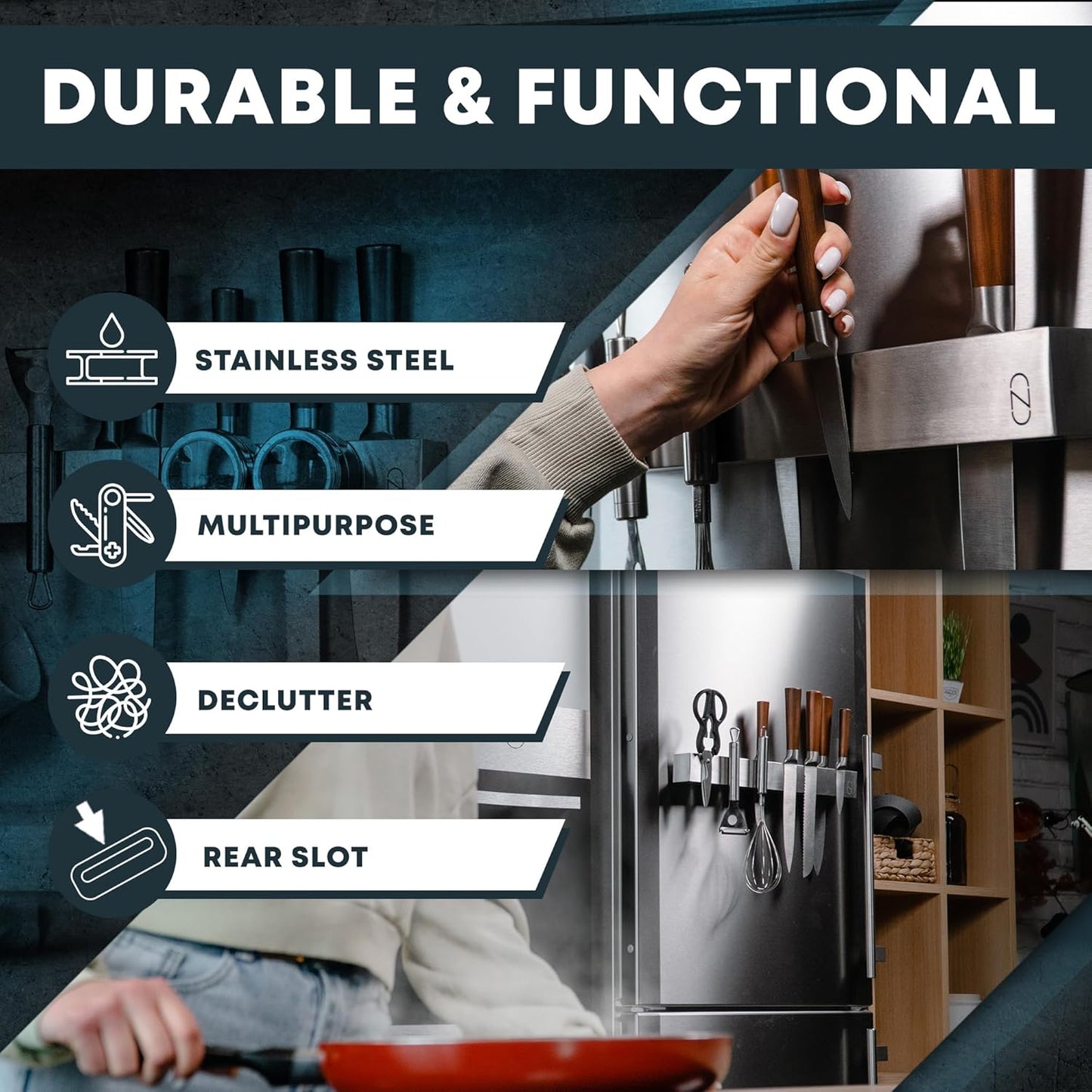 16" Adhesive Magnetic Knife Holder for Wall (No Drill) with 2x Storage - Safe, Patented Storage Design - Stainless Steel Magnet Knife Holder Strip - Magnetic Kitchen Organizer, Tool Storage