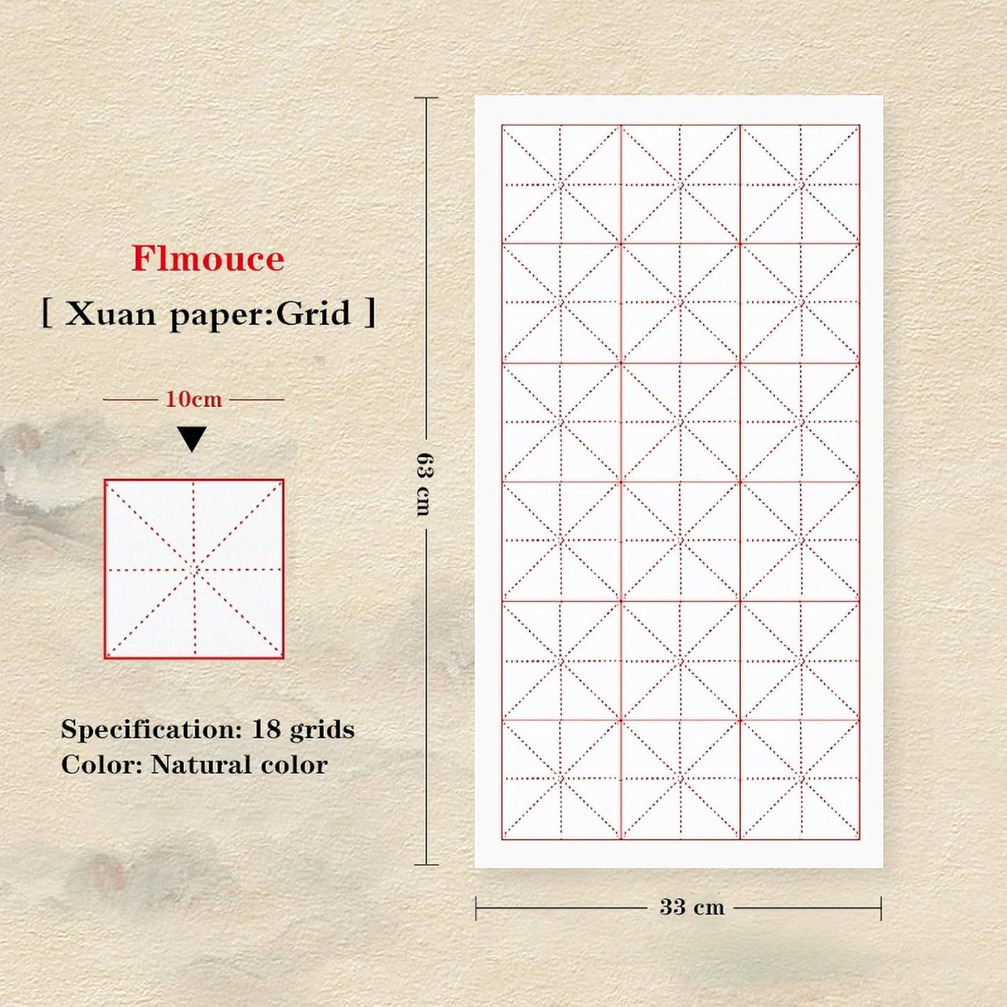 Chinese Calligraphy Practice Paper with Grid, 100 Sheets, White Rice Paper for Brush Writing, Xuan Paper (White, Grid-10cm)
