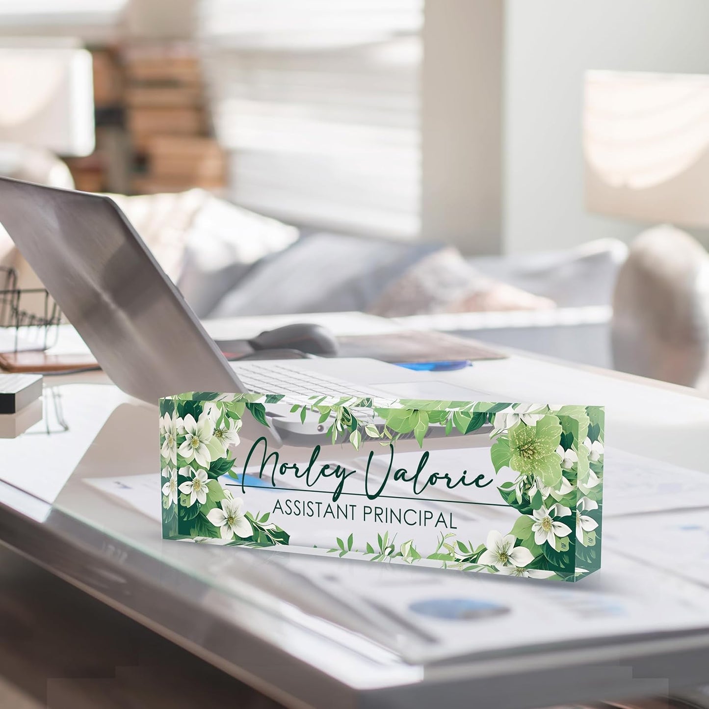 Custom Name Plate for Desk | Personalized Desk Name Plate | Personalized Boss Employee Appreciation Gifts | Acrylic Name Plate Office Desk Accessories (B-Green Flower)