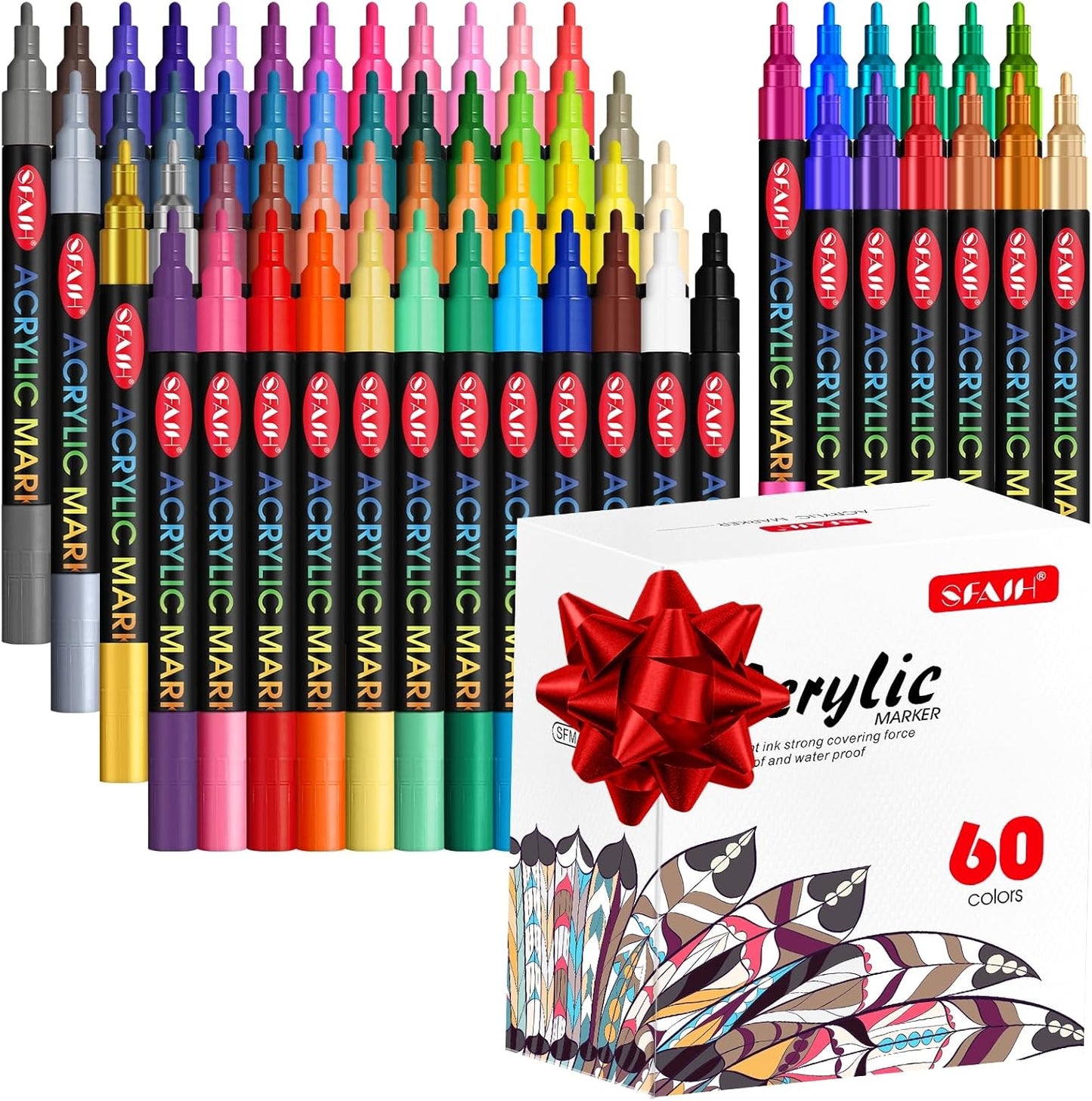 SFAIH Acrylic Creative Markers Set of 60 Vibrant, 14 Metallics, 1-2mm Fine Tips - Halloween Decorations Paint Pens, Pumpkin Painting, Gift for Kids & Adults - Art Supplies, High Coverage, Any Surface
