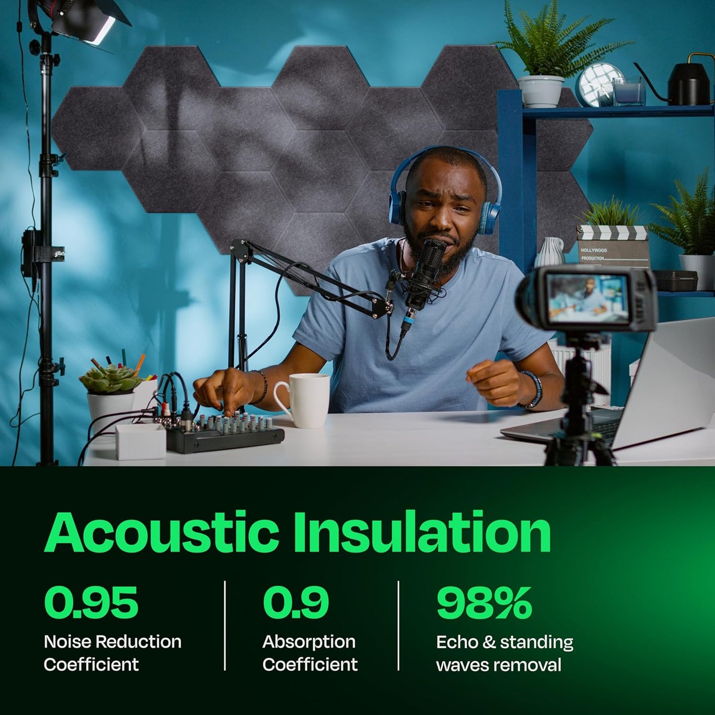 Acoustic Panels 12-Pack - 12"X10.4"X0.4" Sound Panels - High Density Sound Dampening - Pebble Gray Hexagon