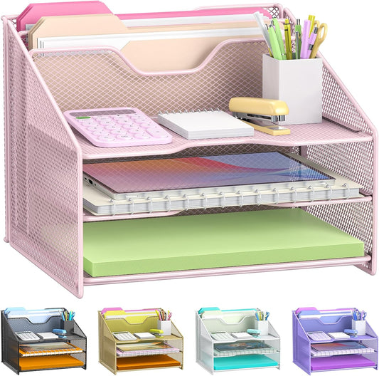 samstar Pink Desk File Organizer, Mesh Letter File Folder Holder with 3 Paper Trays and 2 Vertical Upright Section, for Office Supplies, Desk Accessories & Workspace, Pink