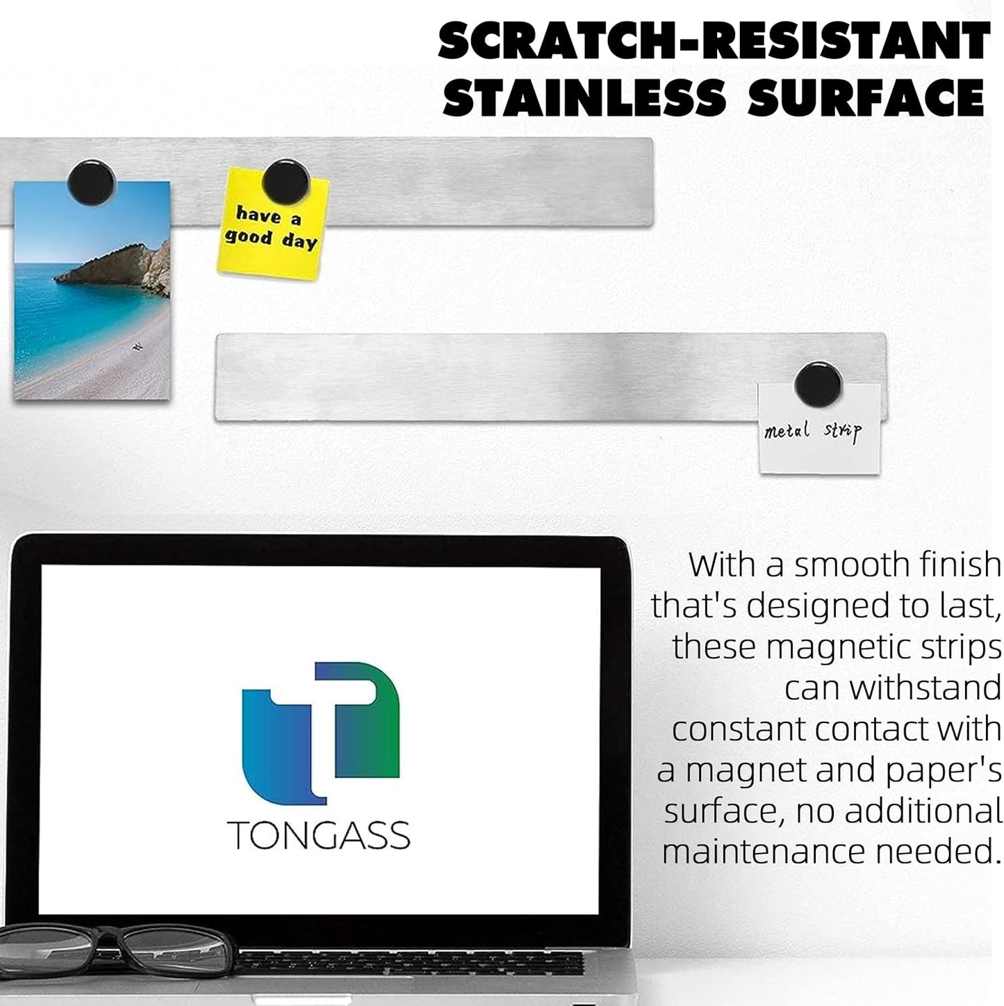 TonGass (6 Pcs, 2x15 Inches) Magnetic Strip with Adhesive Backing, Stainless Steel Strips Bulletin Bar Board, Metal Magnetic Strips for Wall with 48 Pcs Magnets for Home, Office, School Use