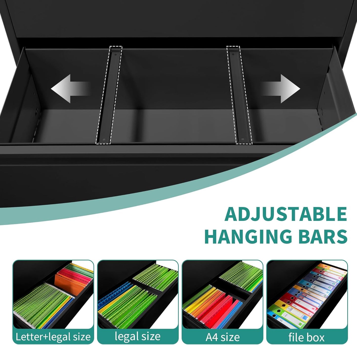 3 Drawer Lateral File Cabinet with Lock, Metal Filing Cabinets for Home Office, Steel Storage Wide File Cabinet for Letter/Legal/F4/A4 Size with Hanging Bars, Assembly Required (Black)