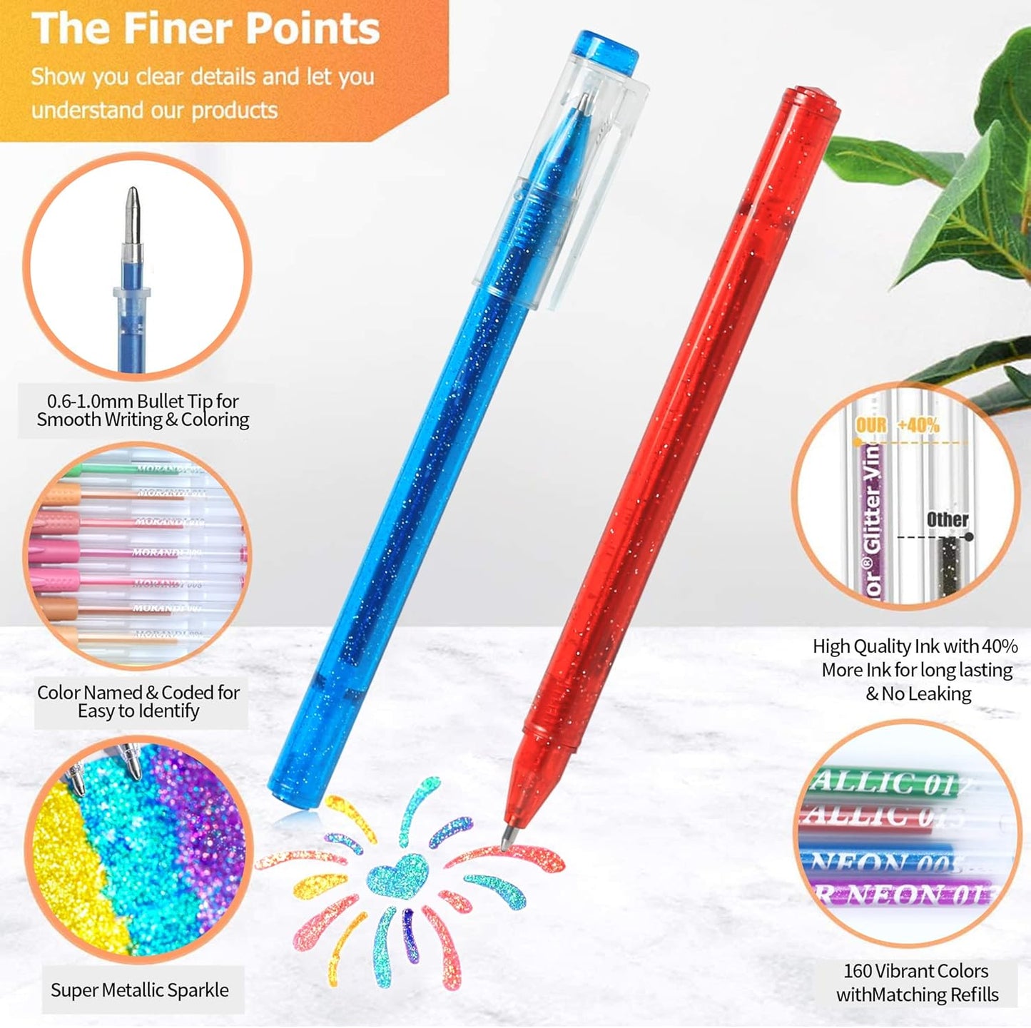 ZSCM 48 Pack Metallic Glitter Gel Pens Set, 24 Colors Sparkle Gel Pens with 24 Glitter Pen Refills in Canvas Bag for Adult Coloring Book Drawing Crafts Scrapbooks Journaling