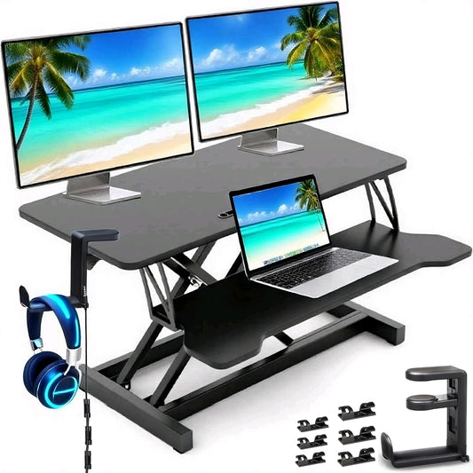 37-inch Standing Desk Converter,Height Adjustable Sit to Stand Up Workstation Riser, Dual Monitor and Laptop Riser with Wide Keyboard Tray, Headphone Stand,Cable Clips,for Home Office, Black