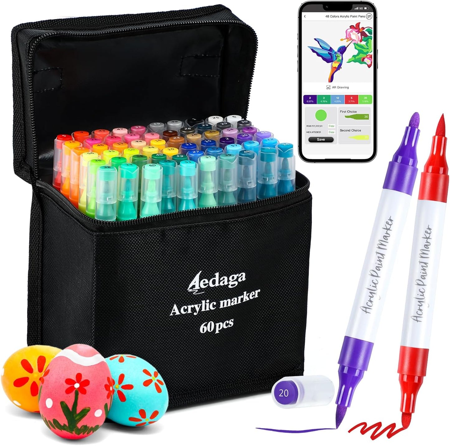 YHC 60 Colors Acrylic Paint Pens with Free App, Dual Tip Acrylic Paint Markers with Brush Tip and Fine Tip for Adults, Kids, Eggs, Wood, Rock, Canvas, Plastic, Stone, Glass, Ceramic