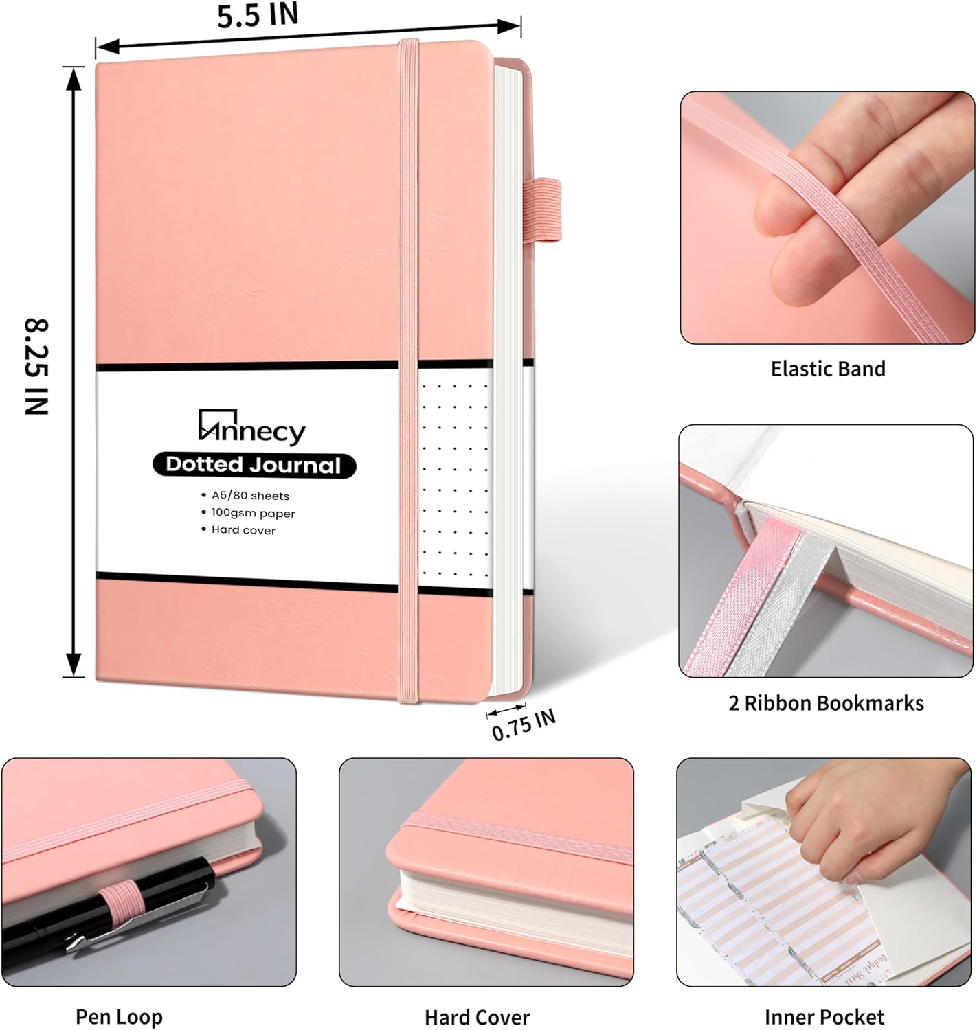 Annecy Numbered Bullet Dotted Journal Notebook, Medium 5.5x 8.25, 160 Pages 100GSM Writing Paper, A5 Peach Pink Faux Leather Cover with Pen Loop