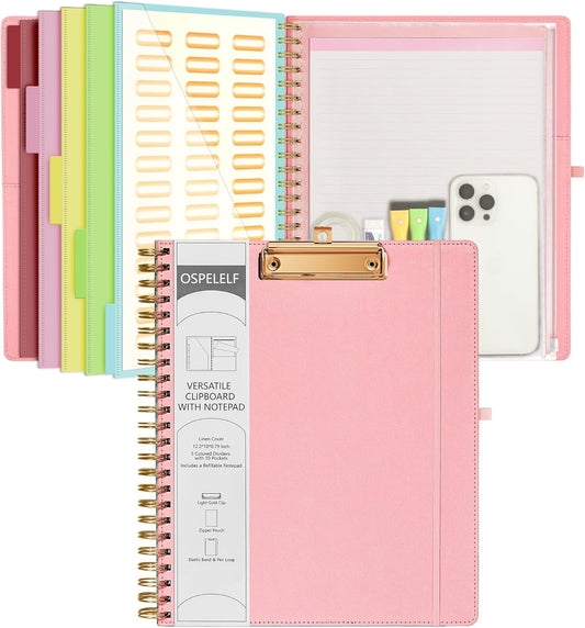 Ospelelf Pink Foldable Spiral Clipboard Folio with Storage Zipper Pouch, 5 Plastic Folders with 10 Pockets,Refillable Lined Notepad (11" x 8.5"), Hardcover Project Organizer with 39 Stickers