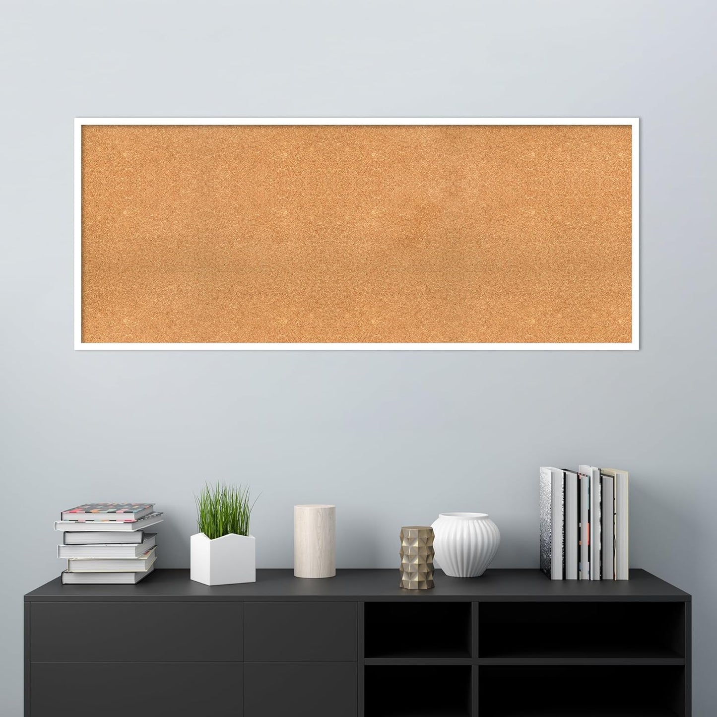 Amanti Art Natural Cork Board for Wall, 25x61 Vision Board with White Frame, Oversize Corkboard Office Decor for Home Organization, Modern Corkboard Pinboard to Display Items for Home Organization in