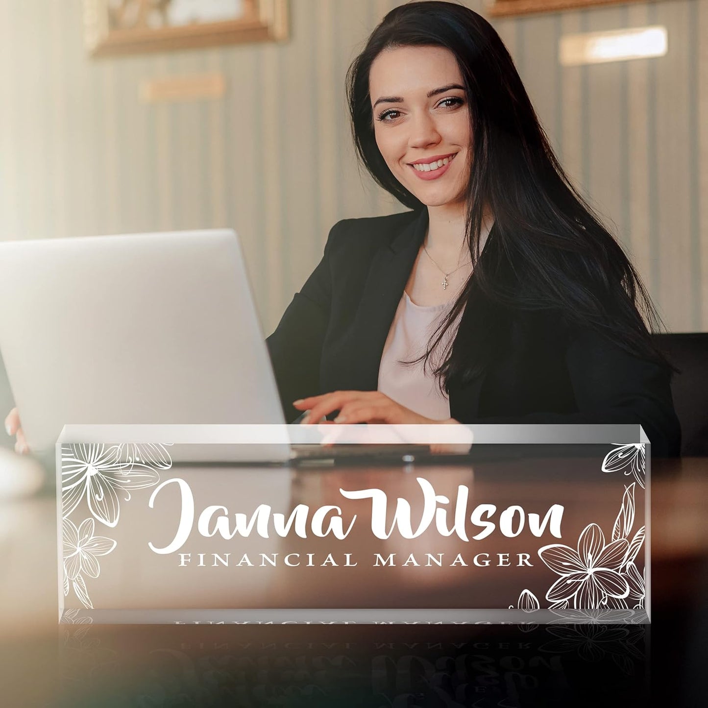 Name Plate for Desk, Premium Clear Plates Engraved Acrylic Desk Name Plate, Desk Name Plate Personalized, Custom Office Decor for Women or Men Coworkers, Boss, Employee, Teacher (Engraved 1)