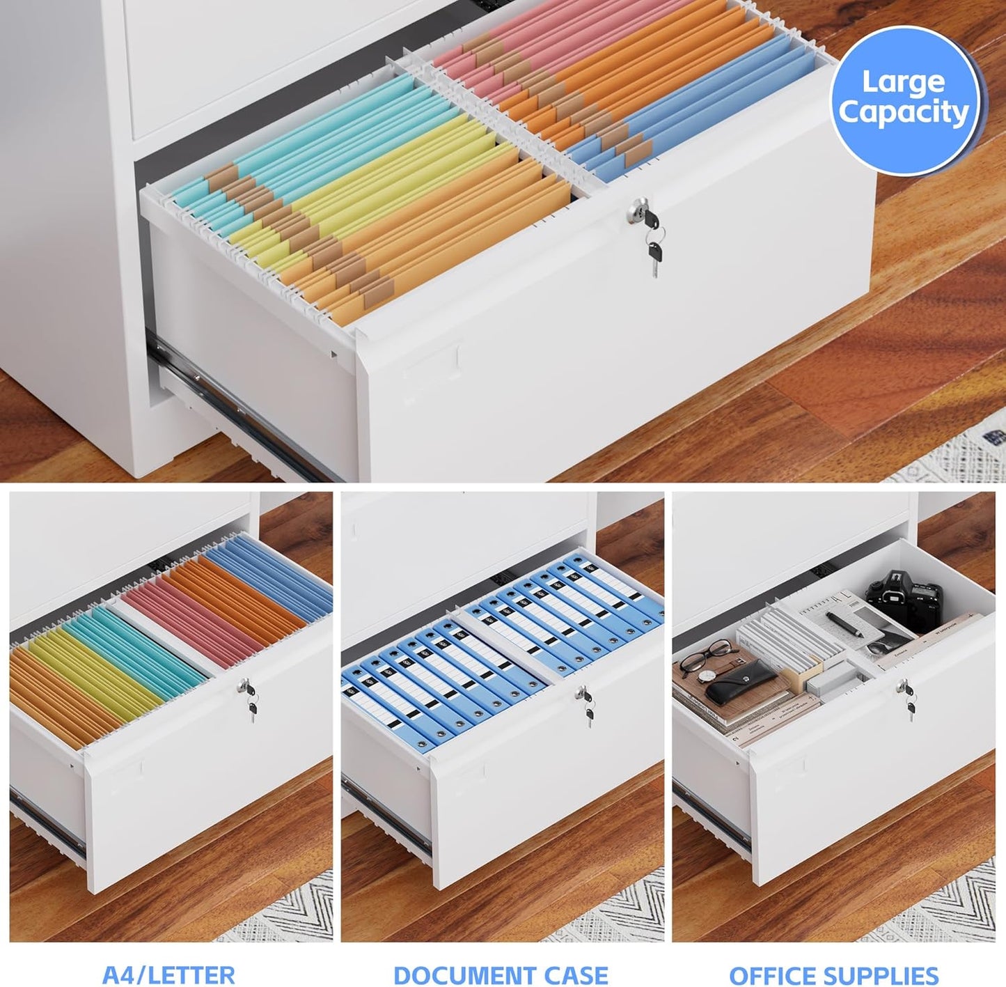 Aobabo 2 Drawer Wide Lateral File Cabinet, Metal Filing Cabinet with Lock, Suitable for Home Office School Hanging Files Letter/Legal/F4/A4 Size,White,Required-Assembly,15.87" D x 28.94" W x 30.24" H