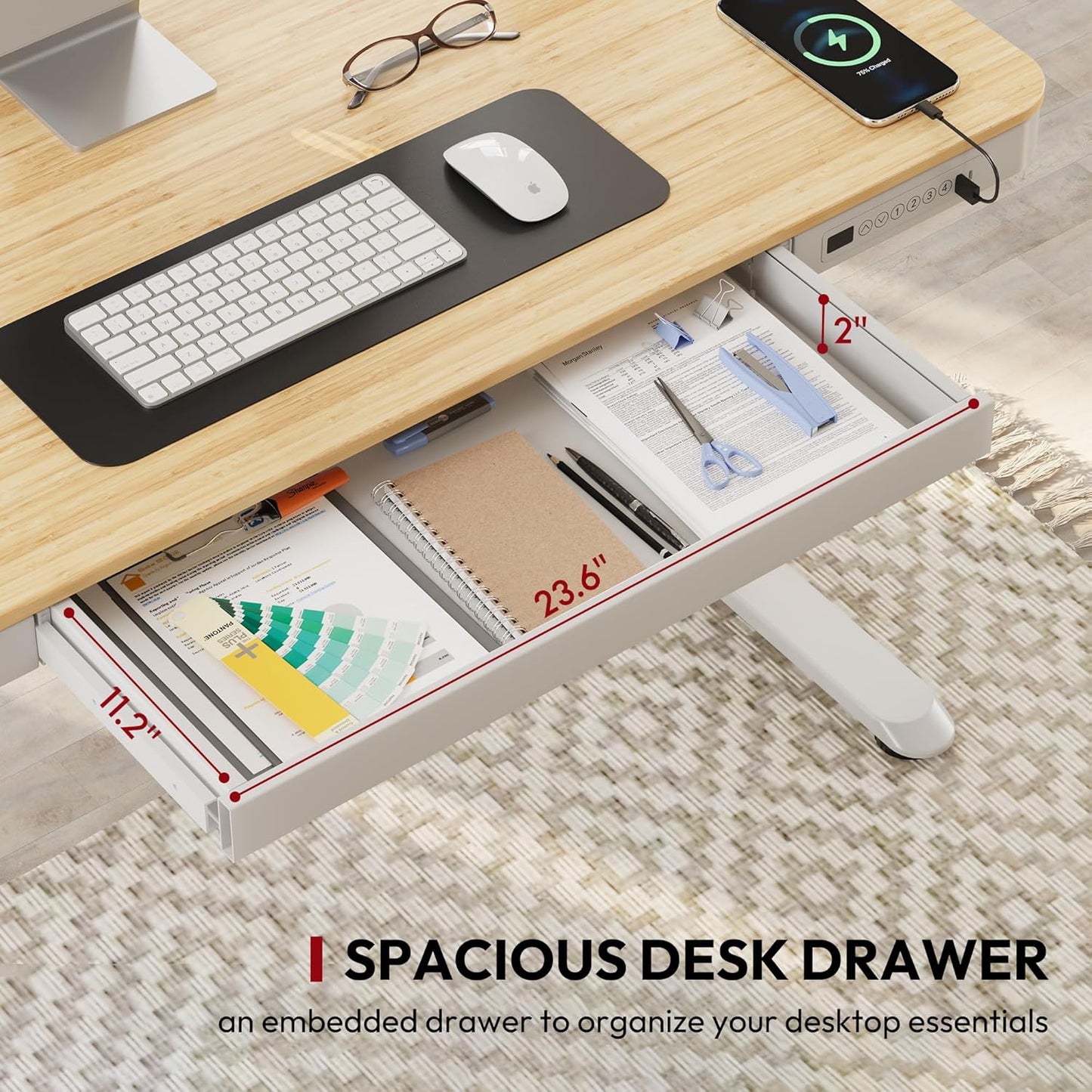 Standing Desk with Drawer, Electric Height Adjustable Home Office Desk with Storage & USB Ports, 48 inch Bamboo Texture Tabletop/White Frame