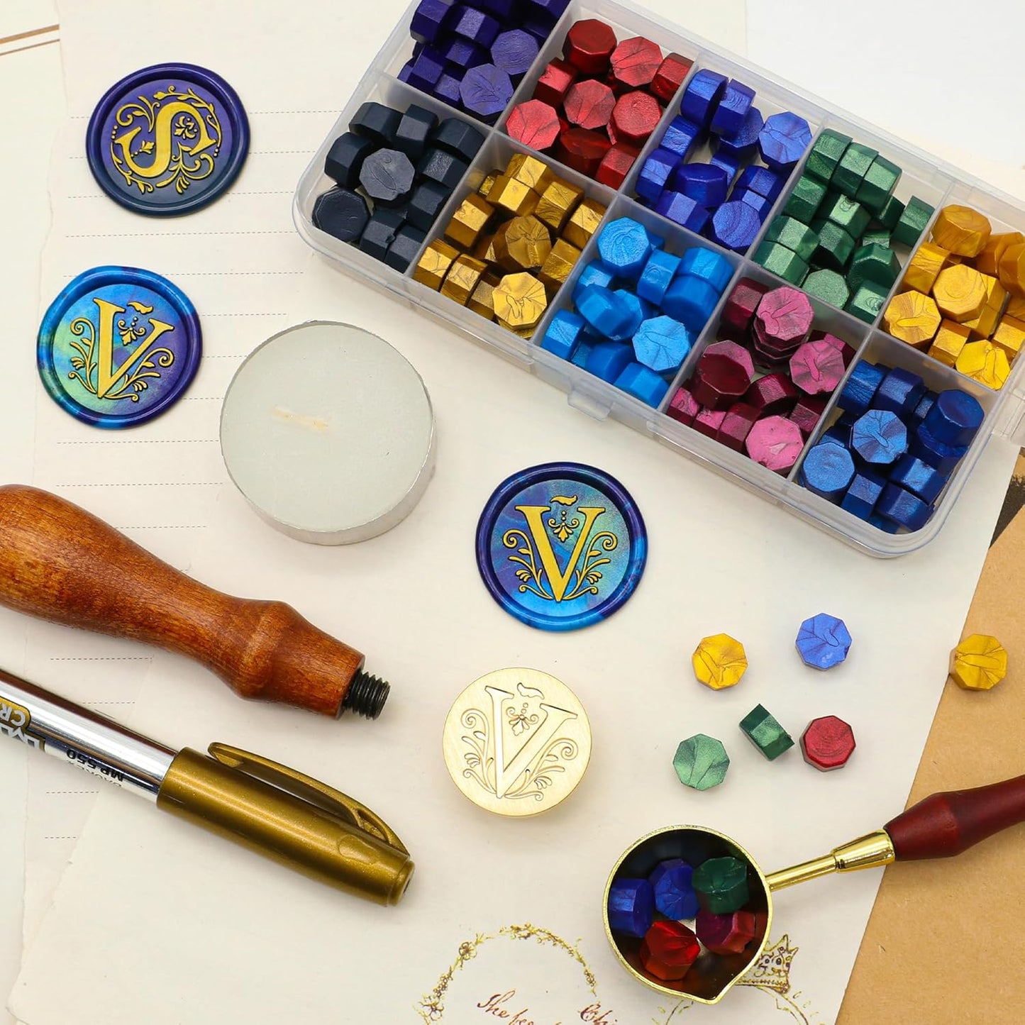 SWANGSA Retro Letter V Wax Seal Stamp with 200pcs Sealing Wax Beads Kit for Wedding Invitations Cards Envelopes (V)