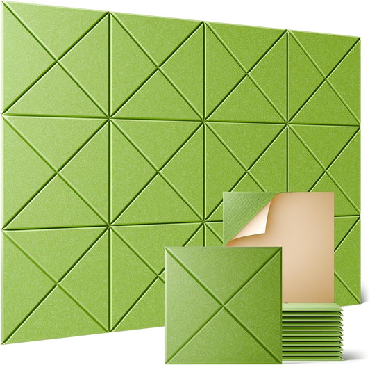 Sonicism 12 Pack X-Lined Acoustic Panels with Self-Adhesive, 12"X 12"X 0.4" Sound Proof Foam Panels, Decorative Soundproof Wall Panels, Sound Absorbing Tile for Home & Offices, Light Green