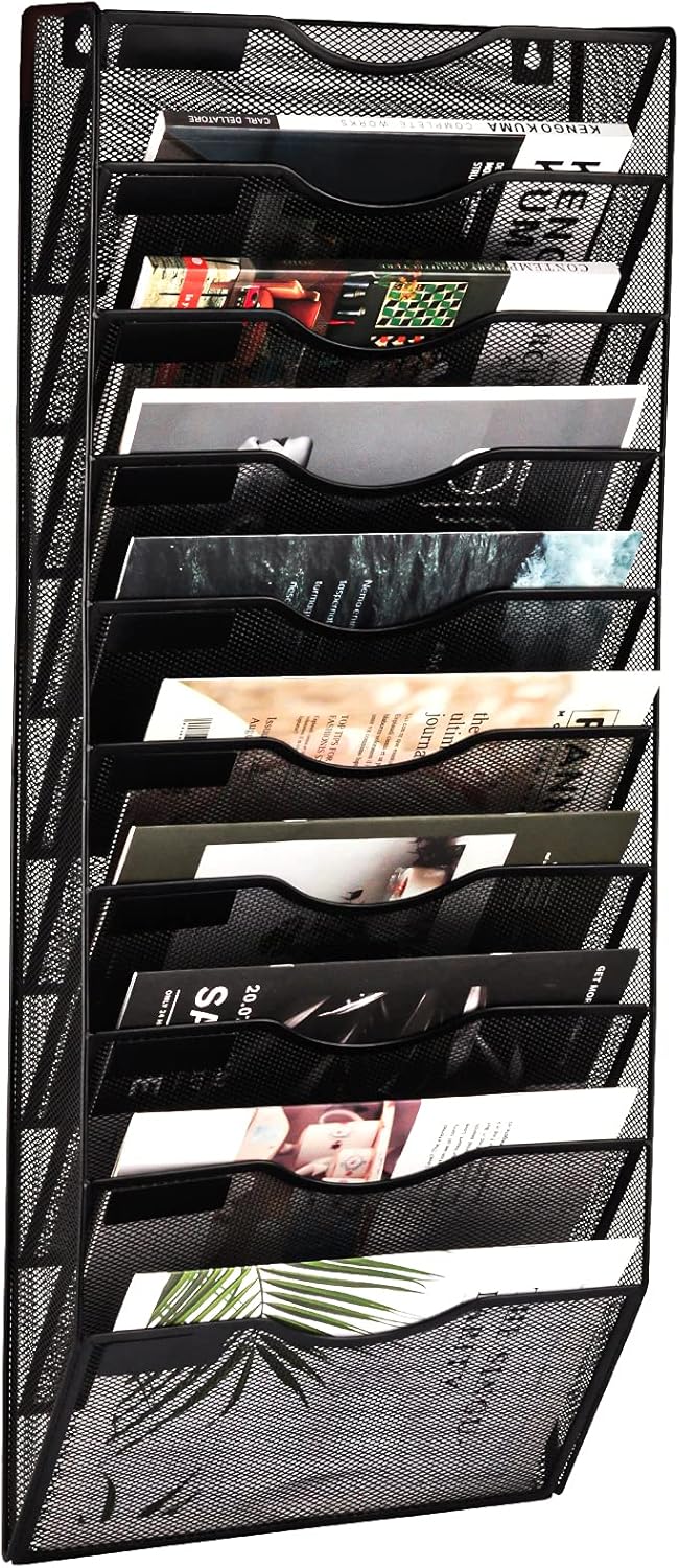 EASEPRES 10 Pocket Mesh Hanging Wall File Organizer, Wall Mounted Mail Paper Document Folder Holder, Clipboard Storage Organization Magazine Rack with Nametag Label for Office Home School, Black