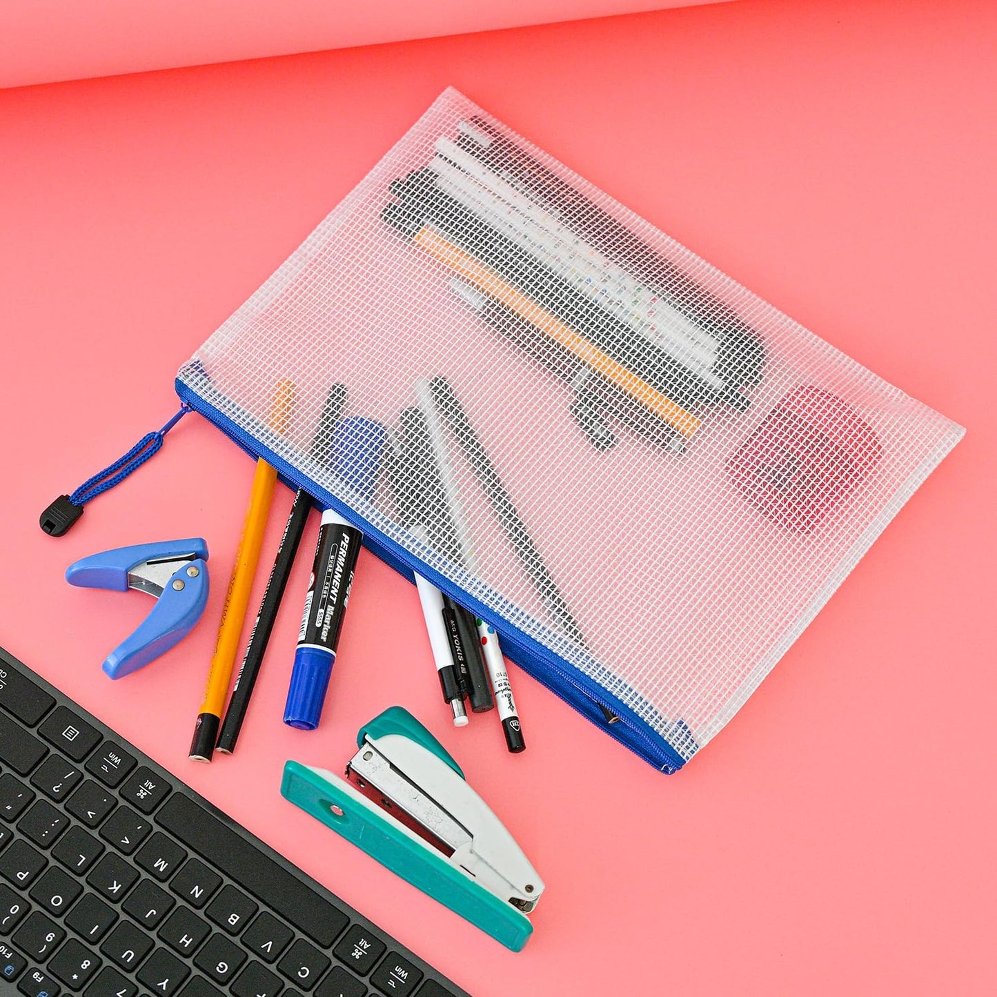 AUSTARK 10 Pcs Zipper File Bags, Waterproof Plastic Mesh Pouch for Office School, Board Game Storage Bags (B5 Size 11.4''x8.2'', White and Blue)