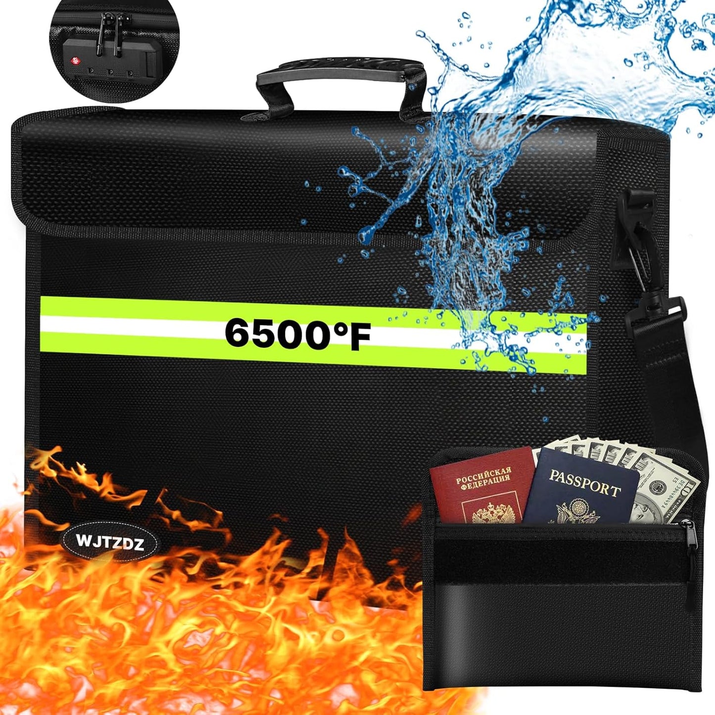 6500°F Fireproof Document Bag with Lock-Fireproof Box with 10 Layers Insulation Materials&Waterproof Zipper,Removable Wallet,Reflective Strip for Cash,Documents,Jewelry(14.2”x 9.6”x 4.1”)
