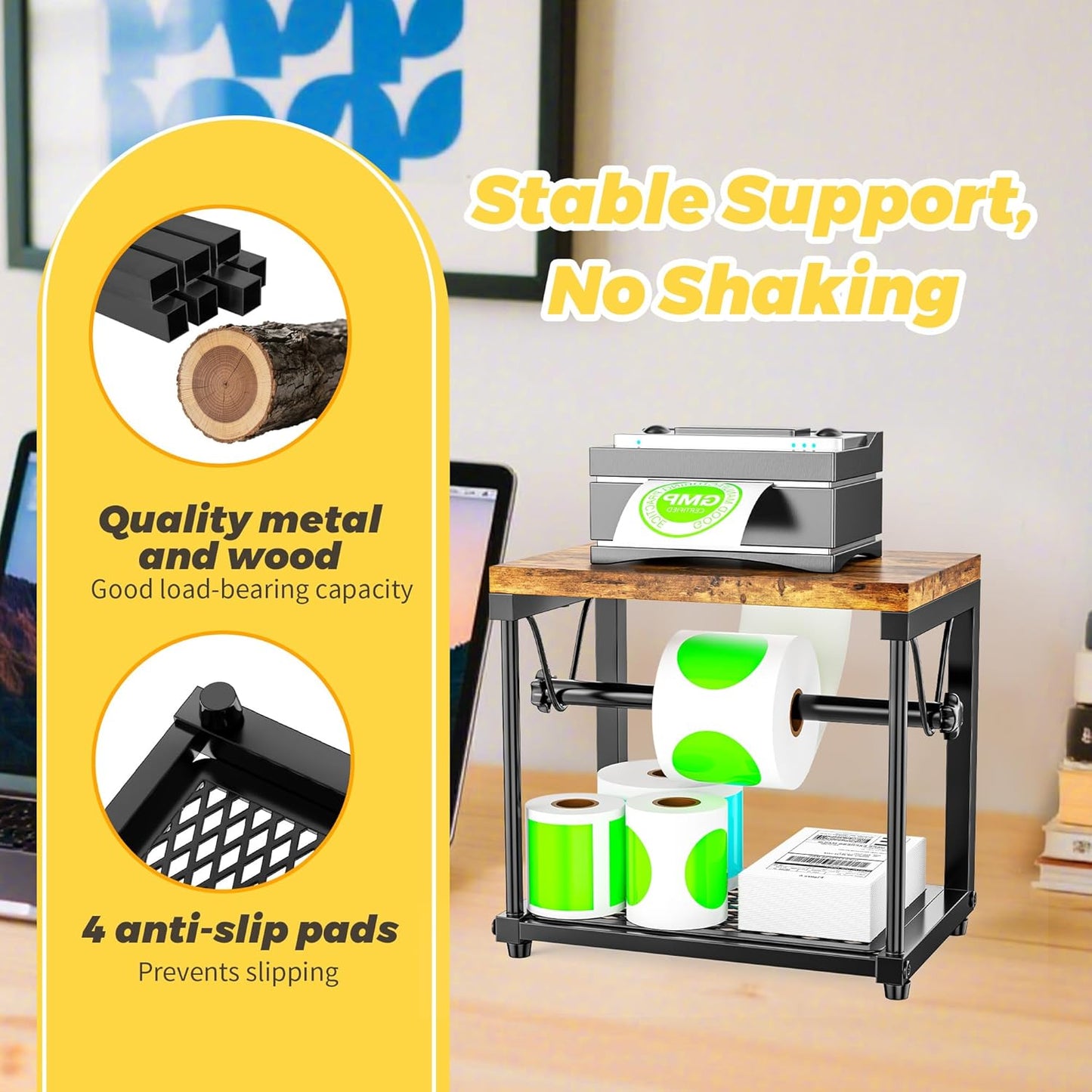 Label Holder for Rolls and Fan-Fold Labels, Wooden Sticker Dispenser for Desktop Thermal Printer, Sticker Roll Holder Organizer, Shipping Label Stand for Home, Office, Small Business (Black)