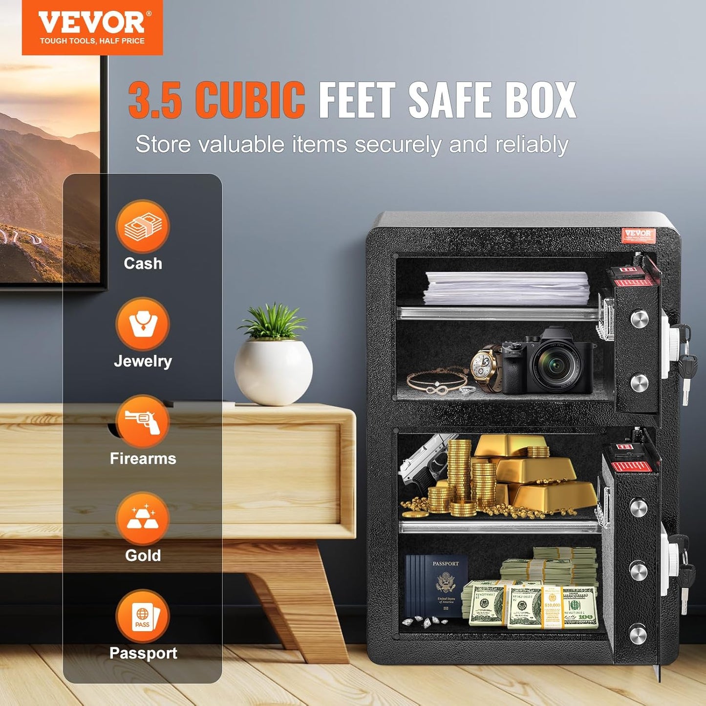 VEVOR Double Doors 3.5 cu.ft Safe Box with Key Lock & Password, Safe Lock Box with Fireproof Bag, Key Rack, LED Light and 2 Height Adjustable and Removable Divider for Money, Jewelry and Valuables