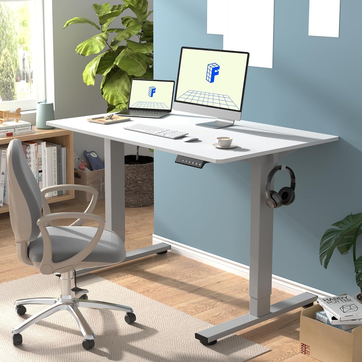 FLEXISPOT EN1 Whole-Piece Standing Desk 48 x 30 Inches Electric Height Adjustable Desks for Home Office Stand Up Desk (Silver Frame + 48 in White Top, 2 Packages)