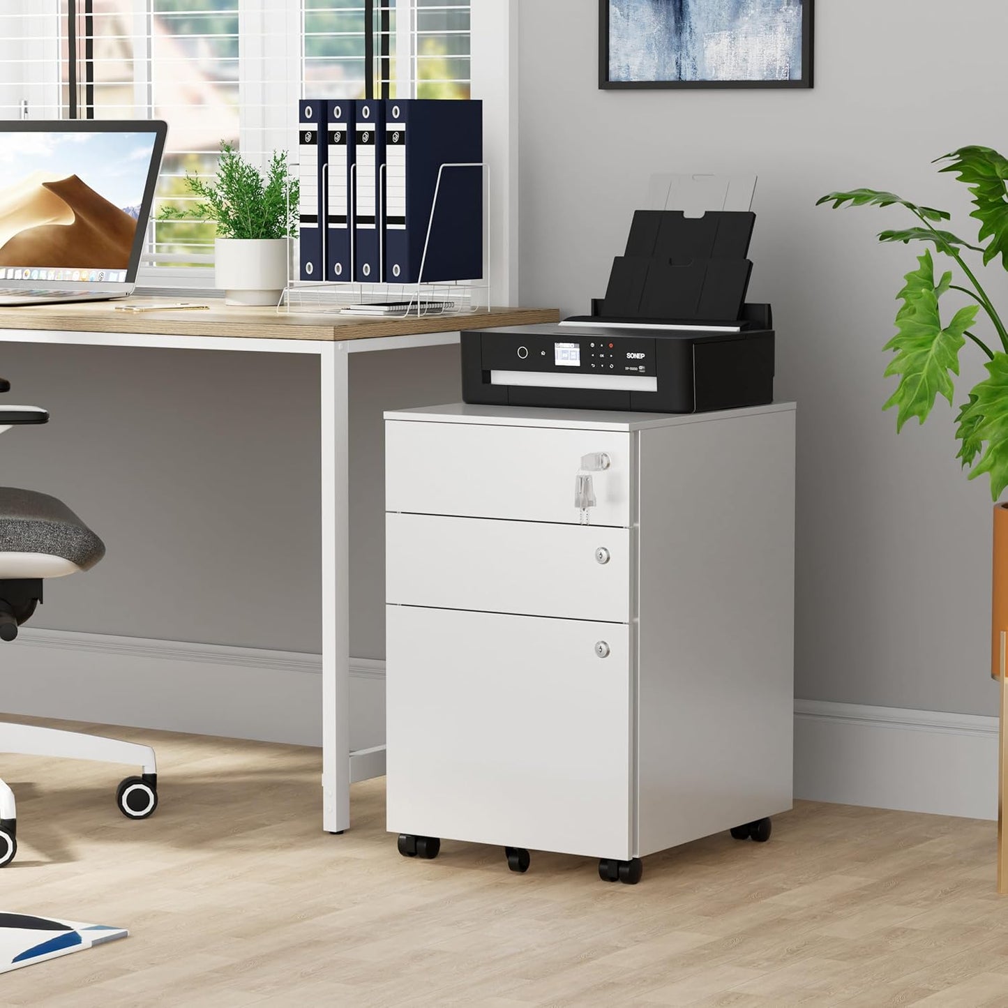 Mobile File Cabinet with 3 Locks, 3 Drawer File Cabinets for Home Office, Under Desk Metal Filing Cabinet for A4/Letter/Legal, Lockable, Fully Assembled Except castors, White