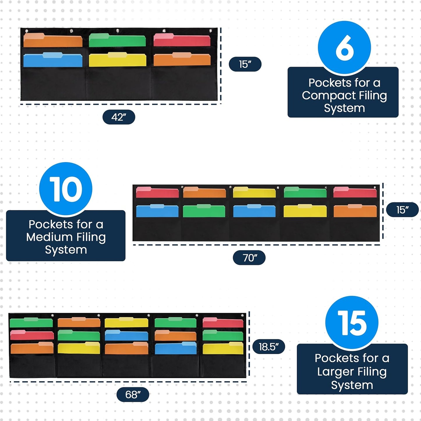 Essex Wares - 10 Pocket Horizontal File Hanging Paper Organizer for Letter Documents, Black, 69.5" Wide x 15.5" - Hanging Pocket File Organizer - Black Pocket Chart for Classroom & Office - 10 Pockets