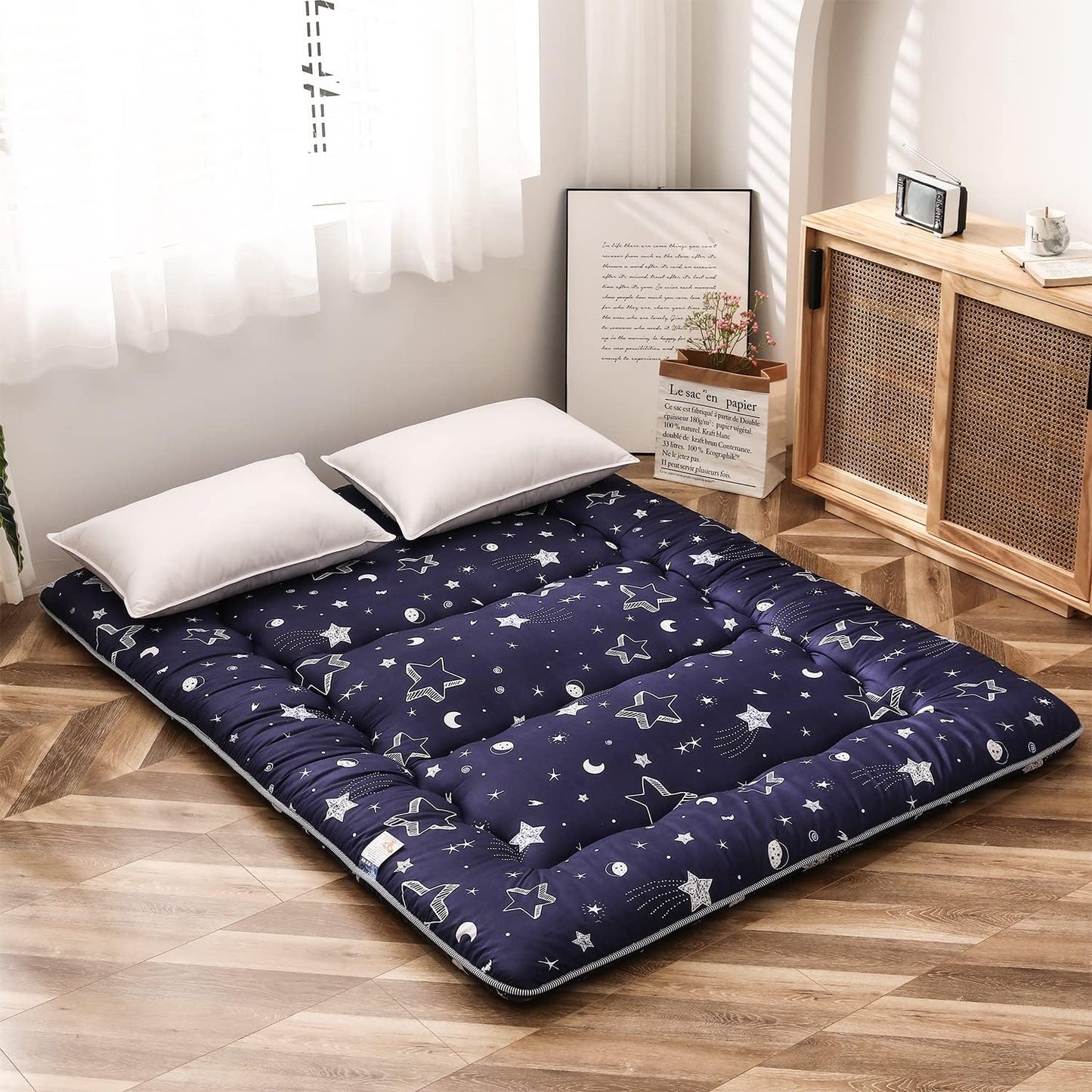 MAXYOYO Navy Star Futon Mattress Japanese Tatami Mat Foldable Bed Portable Camping Mattress Kids Sleeping Pad Floor Lounger Couch Bed, Full