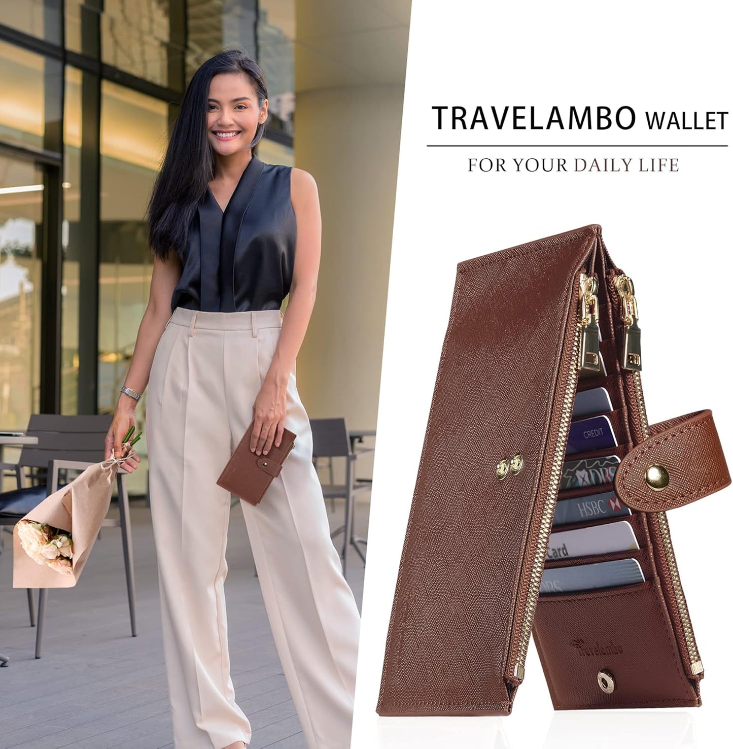 Travelambo RFID Wallet Women Large Size Bifold Multi Card Wallet Case with Zipper Pocke Credit Card Holder for Women