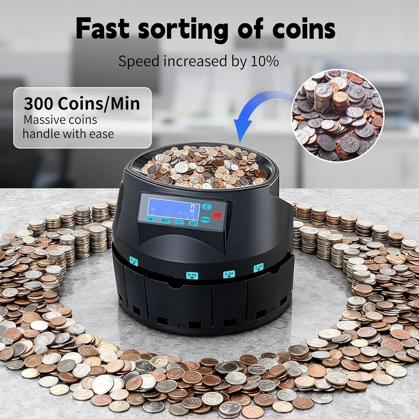 High Speed USD Coin Counter,efficient Counting of 300 Coins per Minute,Precise Counting on LCD Display Screen,Integrated Automatic Packaging Drum,Expert in handling Bank and Shop Change