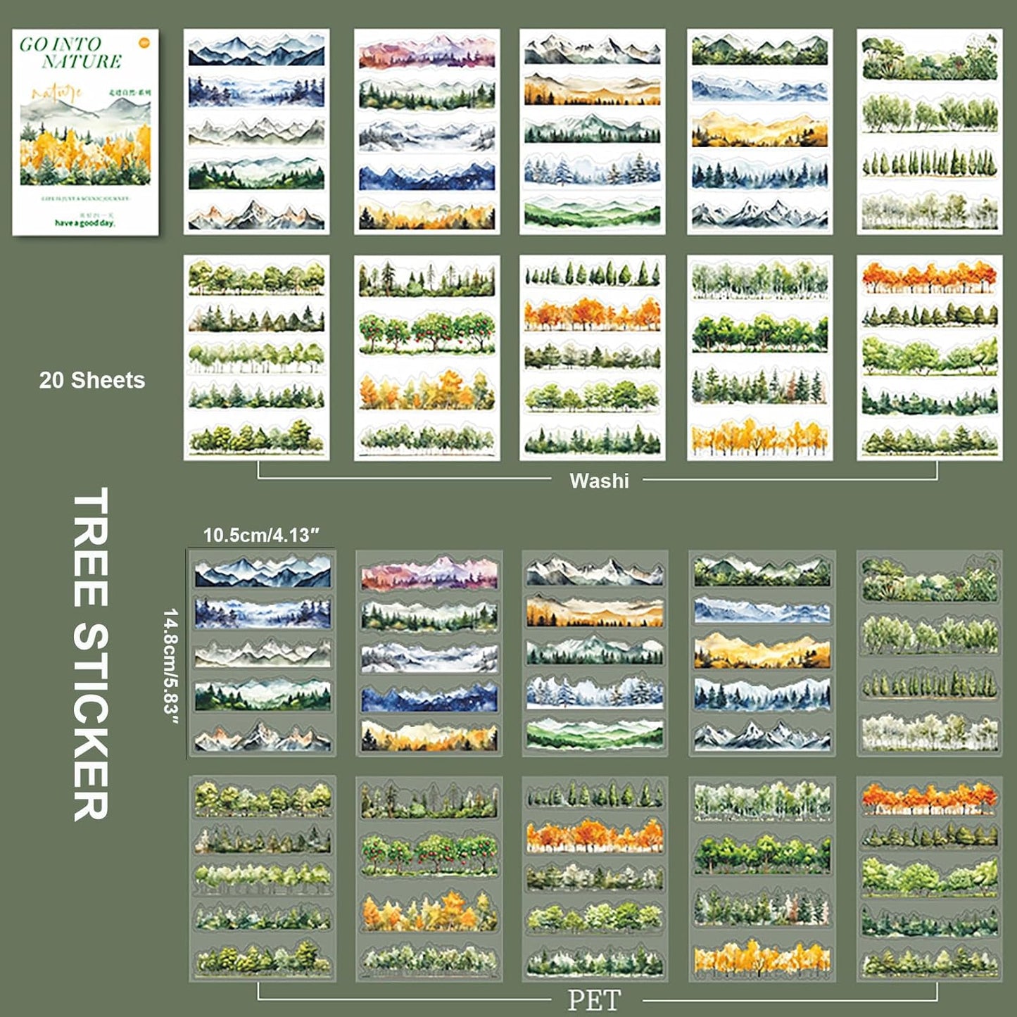 20Sheets Pre-Cut Scrapbooks Stickers Books, Nature Mountains Forests Trees Stickers for DIY Craft, Planners, Journal, Notebook, Laptop, Cell Phone, Calendars, Wedding