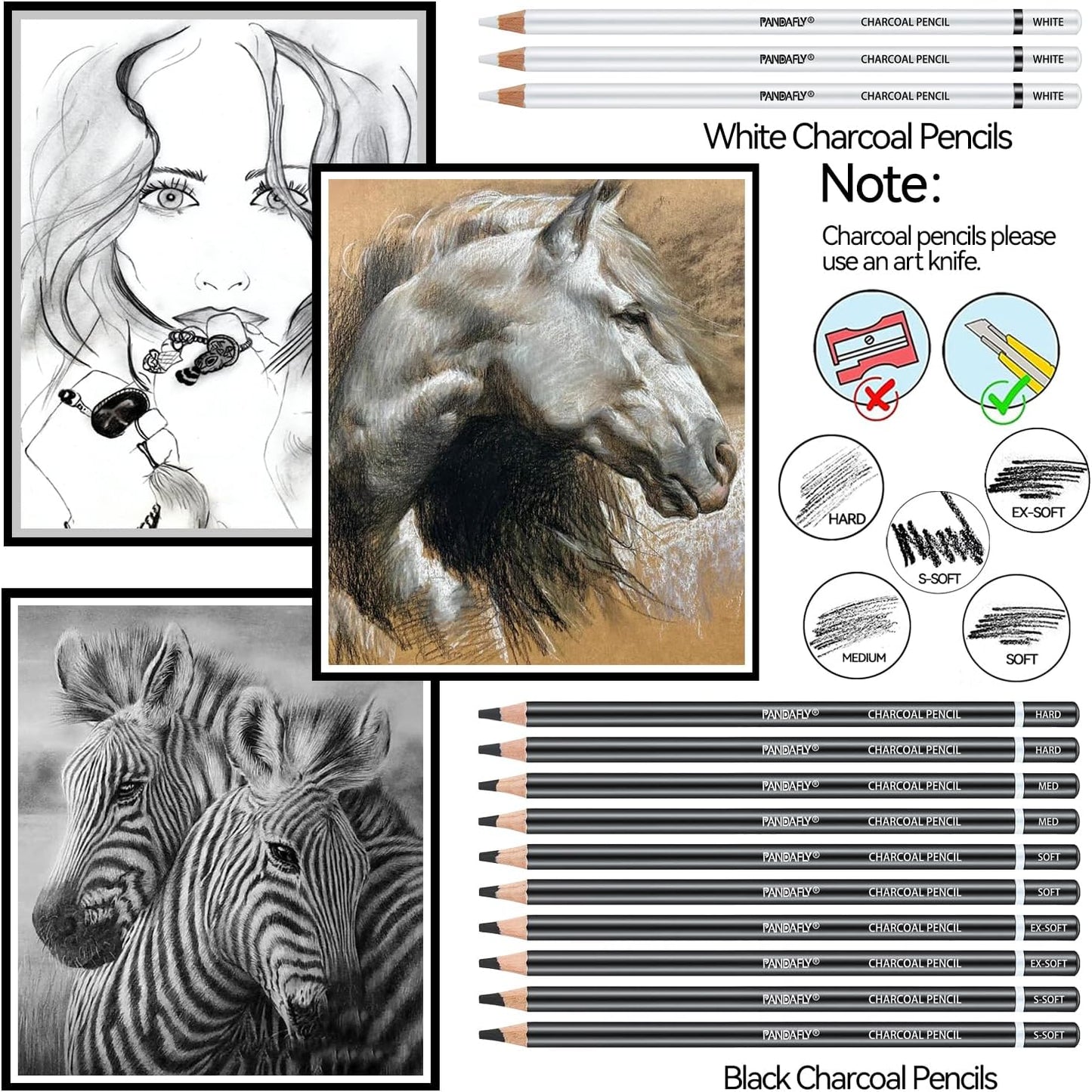 PANDAFLY Charcoal Pencils Drawing Set, 24 Piece Black & White Charcoal Pencils for Drawing, Sketching, Shading, Blending, Artist Pencils for Kid, Beginners & Pro Artists