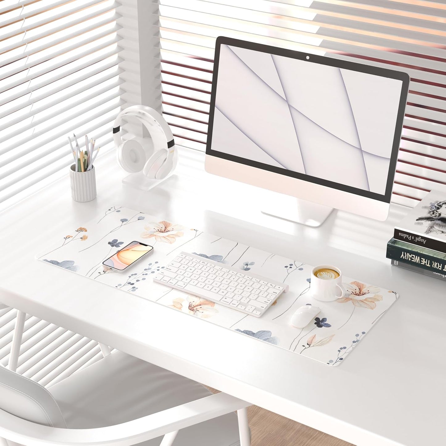 QIYI Large Mouse Pad, Floral Desk Mat for Desktop, Women Girls PU Leather Waterproof Gaming Mousepad, Computer Laptop Flower Desk Accessories Protector Writing Pad for School Office Home 31.5" x 11.8"