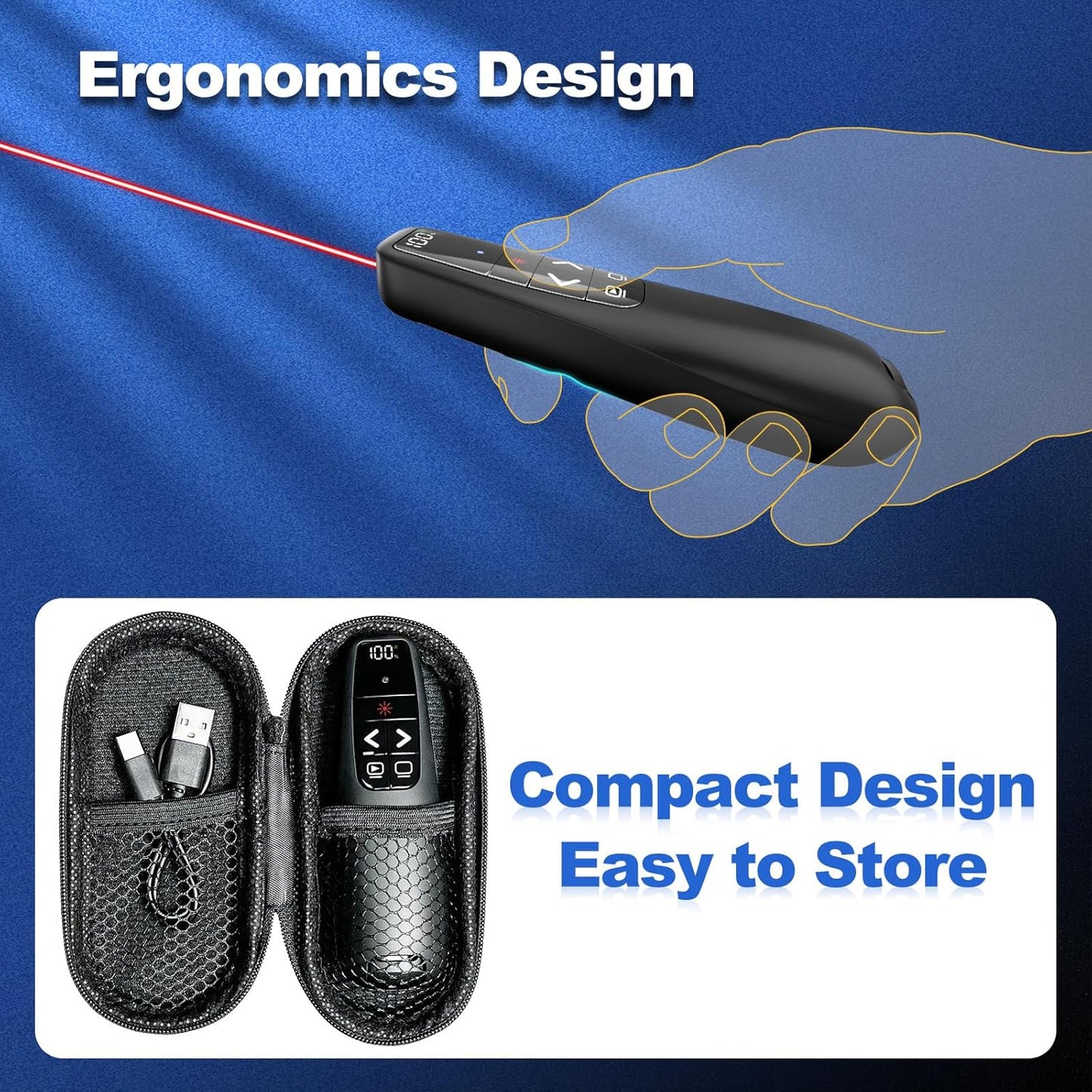 Rechargeable Presentation Clicker with Case, Power Digital Display Wireless Presenter Remote, USB C Red Light Pointer Computer PowerPoint PPT Clickers for Mac Laptop, Slideshow Google Slide Advancer