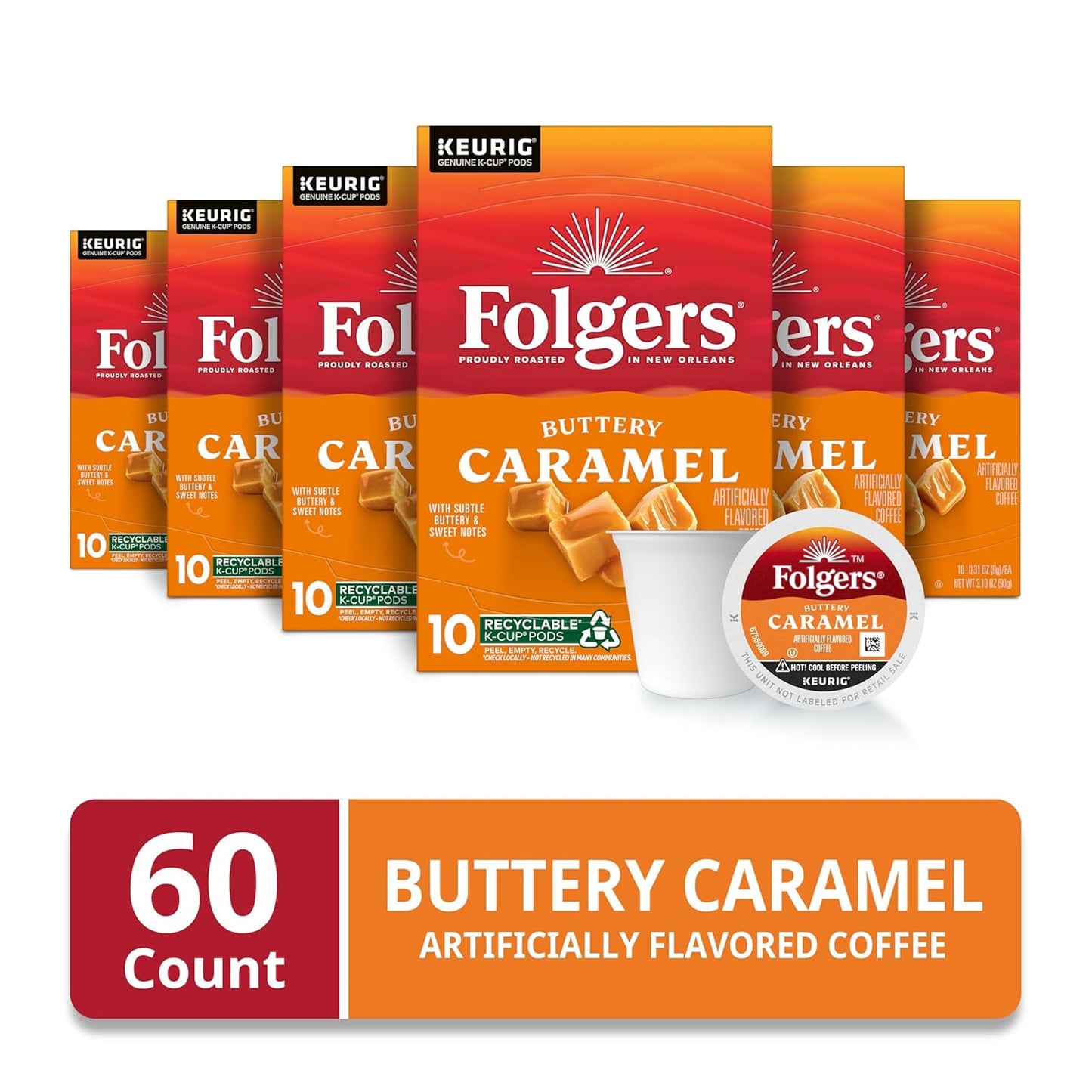 Folgers Buttery Caramel Artificially Flavored Coffee, Keurig K-Cup Pods, 10 Count Box (Pack of 6)