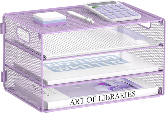 DALTACK 3 Tier Letter Tray Paper Organizer with Handle, Mesh Desk File Organizer, Paper Tray Desk Organizer for School Office Home, Metal Mesh, Purple