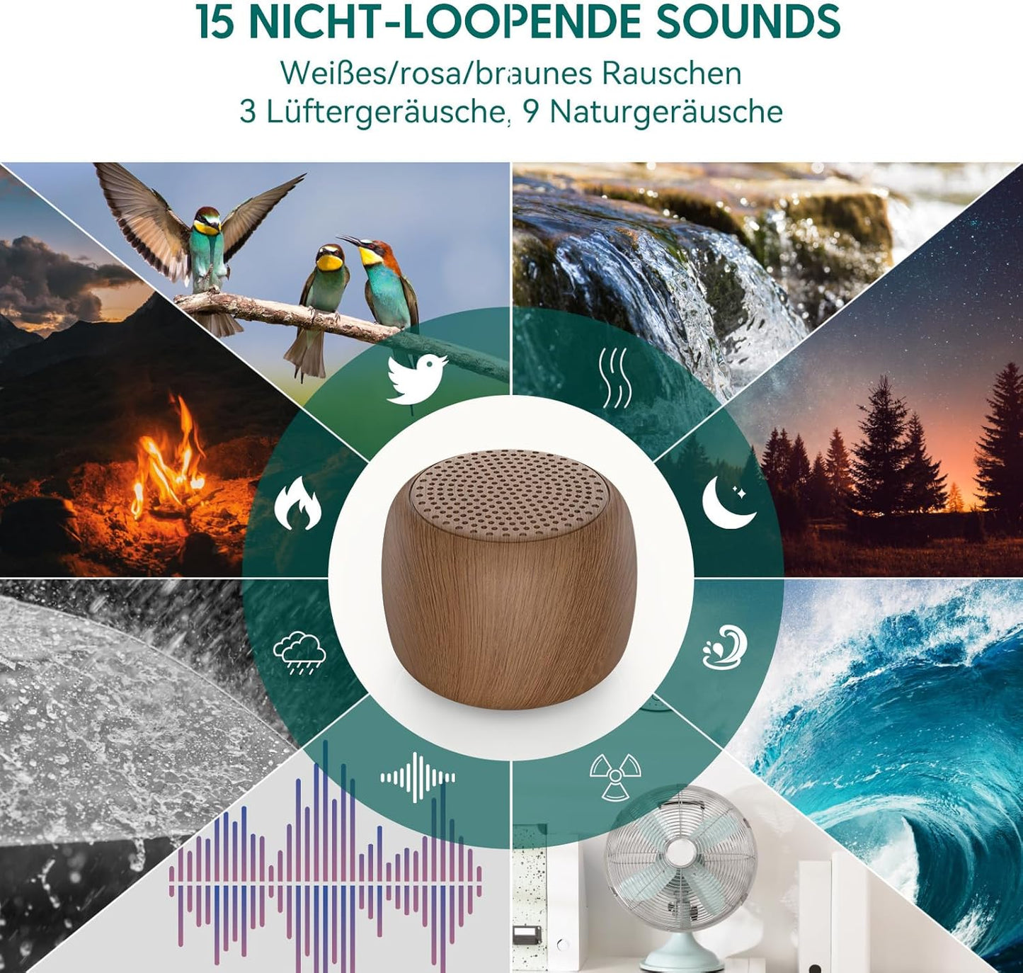 Babelio White Noise Sound Machine for Adults Kids Baby, Mini, 15 Non-looping Sounds, Timer, Memory Function, Easy to Pocket and Travel Wood Grain