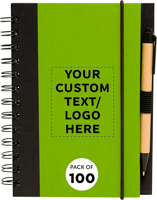 DISCOUNT PROMOS Custom Eco Block Notebooks with Pens Set of 100, Personalized Bulk Pack - Perfect for School, Office, Business, Home - Lime Green