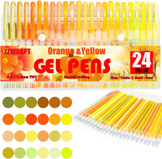 Orange Yellow Gel Pens for Coloring Book,72 Color Gel Pens Set including 24 Color Gel Pen with 48 Refills,40% More Ink Colored Gel Pens for Drawing, Doodling, Scrapbook, Journaling
