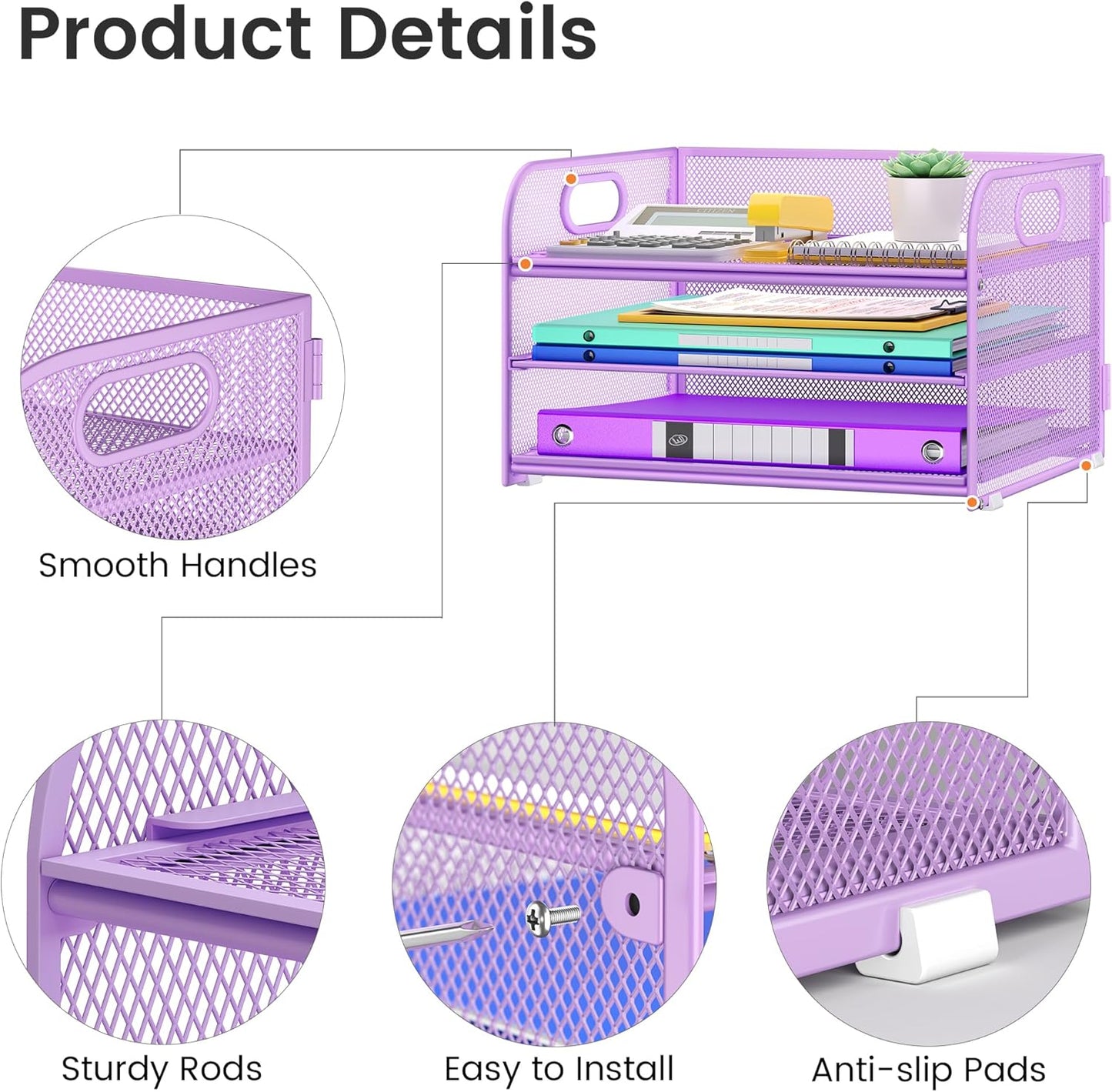 3 Tier Paper Organizer with Handle, Metal Desk Organizer Mesh Paper Letter Tray Desktop File Folder Document Sorter for Classroom, School, Office Accessories Organization and Storage - Purple
