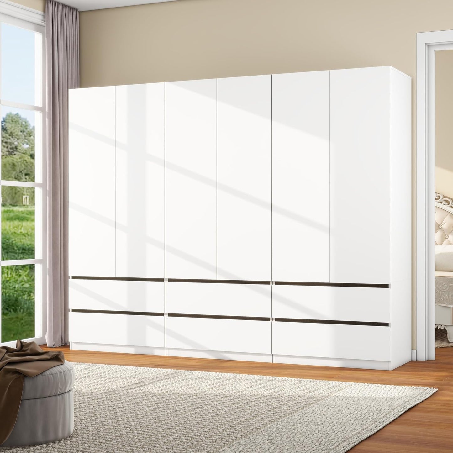 White Wardrobe Closet with Doors: 75" Large Capacity Bedroom Armoire, Wooden Cabinet with 6 Drawers, Hanging Storage Shelves with Hanging Rod (Contemporary, 3)