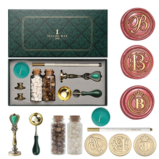 Letter Wax Seal Stamp Kit, Andotopee Wax Seal Kit Initial Alphabet B Sealing Wax Stamp Head 3pcs, Vintage Wax Stamp Seal Kit with Wax Seal Beads, Wax Seal Warmer Tools, Wax Seal Pen, Gift Box Set