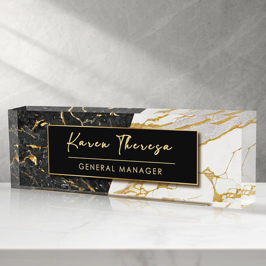 Custom Office Name Plate, Personalized Gifts for Men, Appreciation Gifts for Employee Coworkers Boss Teacher, Office Desk Accessory (Black Marble)