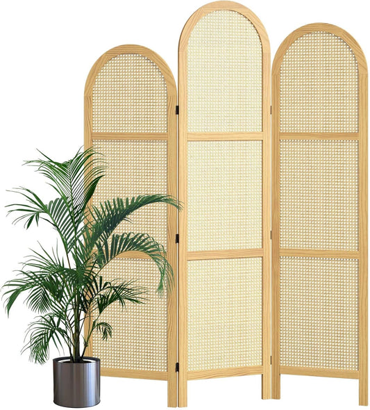 3-Panel Hand-Woven Rattan Room Divider, Tall Foldable Privacy Screen with Wooden Frame - Freestanding Portable Partition for Home Office, Bedroom, Bathroom(Natural-Wave)